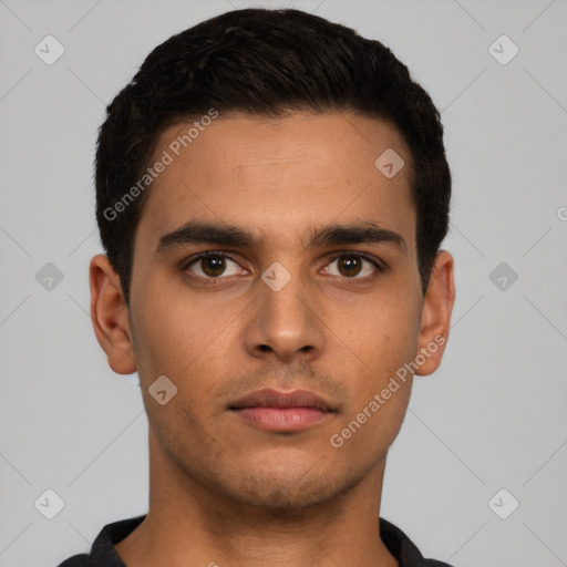 Neutral latino young-adult male with short  black hair and brown eyes