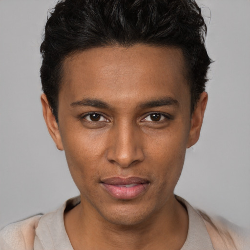 Neutral white young-adult male with short  black hair and brown eyes