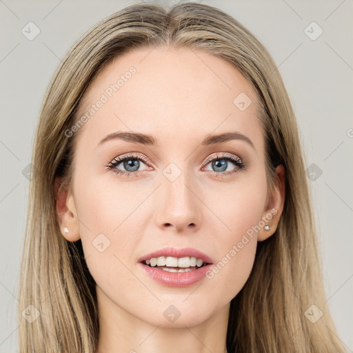 Joyful white young-adult female with long  brown hair and blue eyes