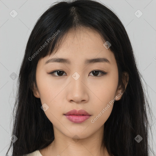 Neutral asian young-adult female with long  black hair and brown eyes