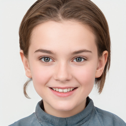 Joyful white child female with medium  brown hair and grey eyes