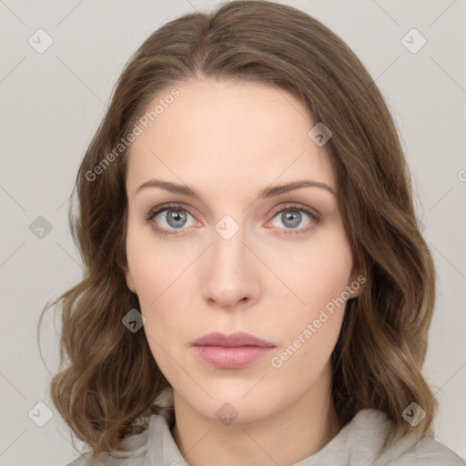 Neutral white young-adult female with medium  brown hair and green eyes