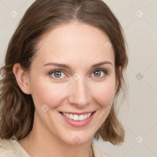 Joyful white young-adult female with medium  brown hair and green eyes