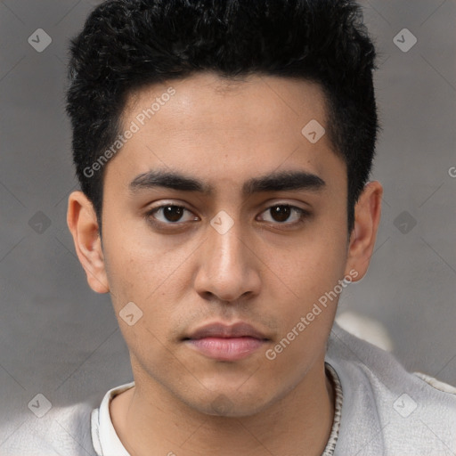 Neutral white young-adult male with short  black hair and brown eyes