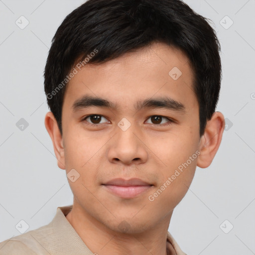 Neutral asian young-adult male with short  brown hair and brown eyes