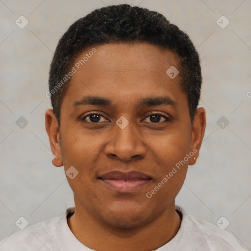 Joyful black young-adult male with short  black hair and brown eyes