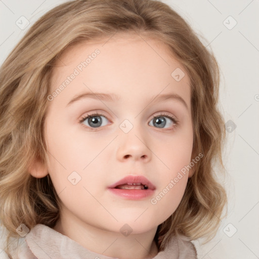 Neutral white child female with medium  brown hair and blue eyes