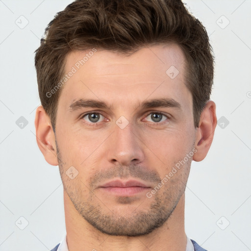 Neutral white young-adult male with short  brown hair and brown eyes