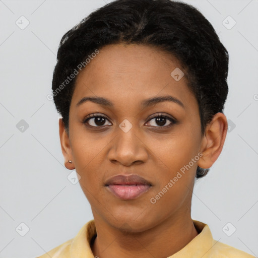 Joyful latino young-adult female with short  black hair and brown eyes