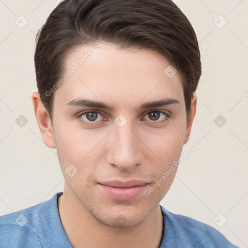 Neutral white young-adult male with short  brown hair and brown eyes