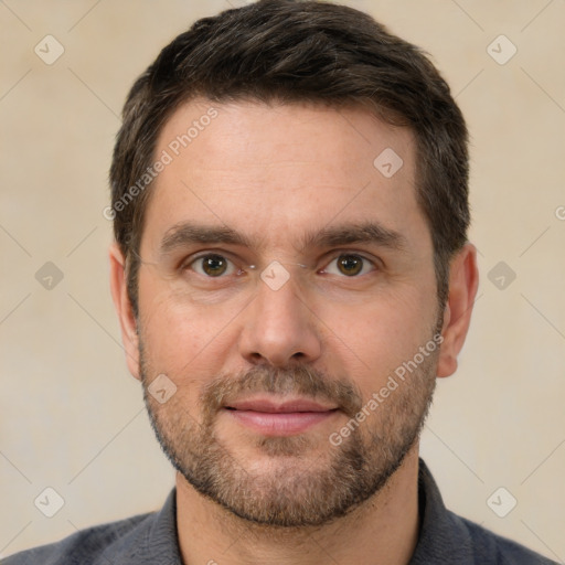 Neutral white adult male with short  brown hair and brown eyes