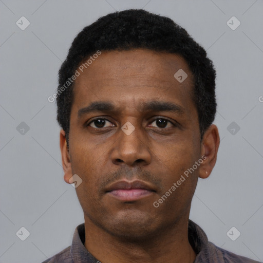 Neutral black adult male with short  black hair and brown eyes