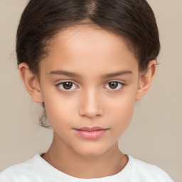 Joyful white child female with short  brown hair and brown eyes