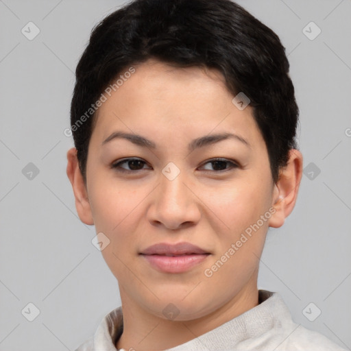 Joyful asian young-adult female with short  brown hair and brown eyes