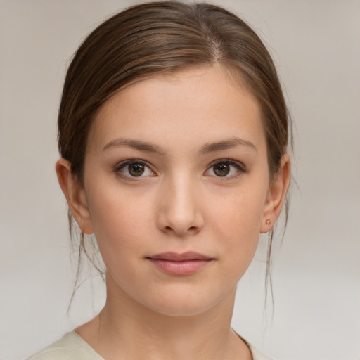 Neutral white young-adult female with medium  brown hair and brown eyes