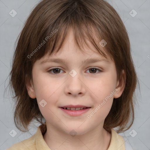 Joyful white child female with medium  brown hair and brown eyes