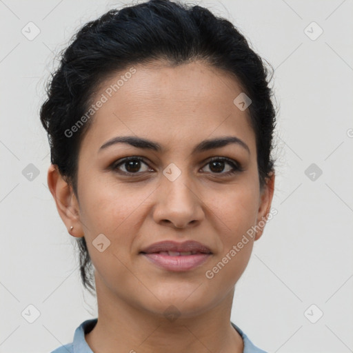 Joyful latino young-adult female with short  brown hair and brown eyes