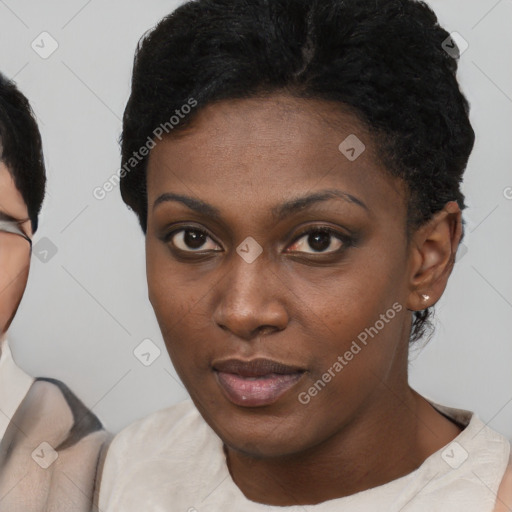 Neutral black young-adult female with short  brown hair and brown eyes