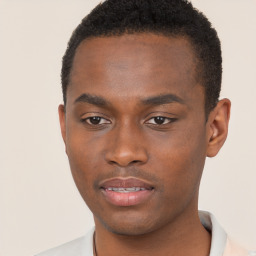 Joyful black young-adult male with short  brown hair and brown eyes