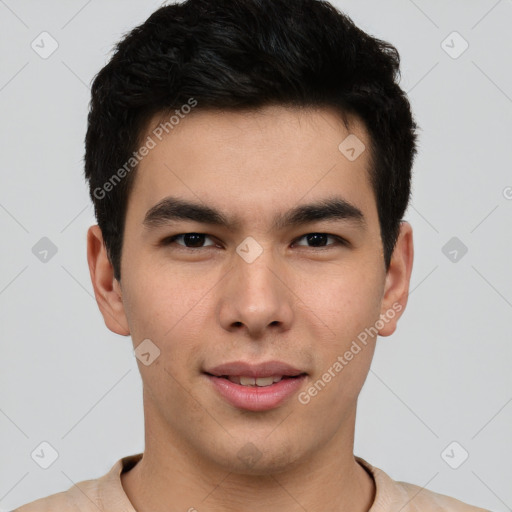 Joyful asian young-adult male with short  brown hair and brown eyes