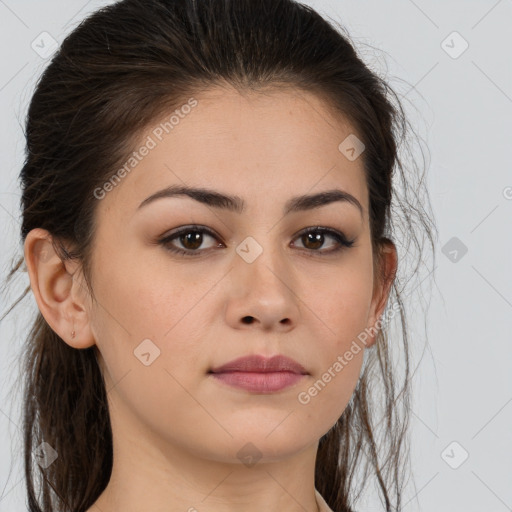 Neutral white young-adult female with medium  brown hair and brown eyes