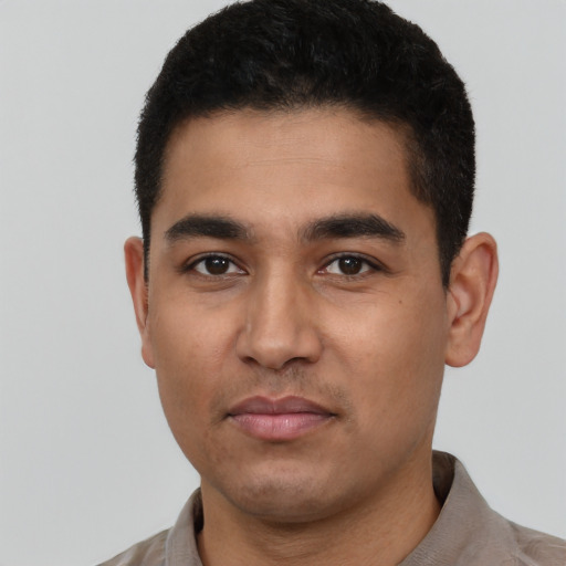 Neutral latino young-adult male with short  black hair and brown eyes