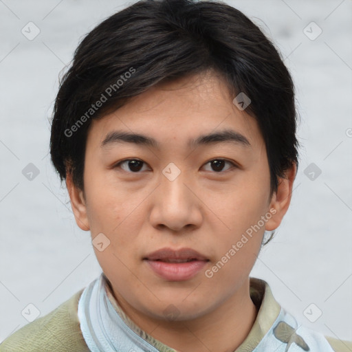 Joyful asian young-adult male with short  brown hair and brown eyes