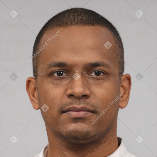 Neutral latino young-adult male with short  brown hair and brown eyes