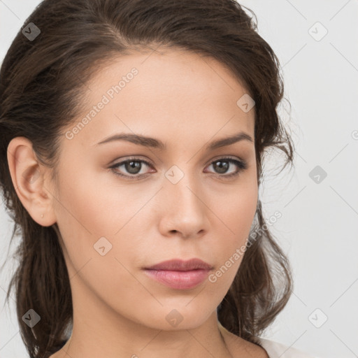 Neutral white young-adult female with medium  brown hair and brown eyes