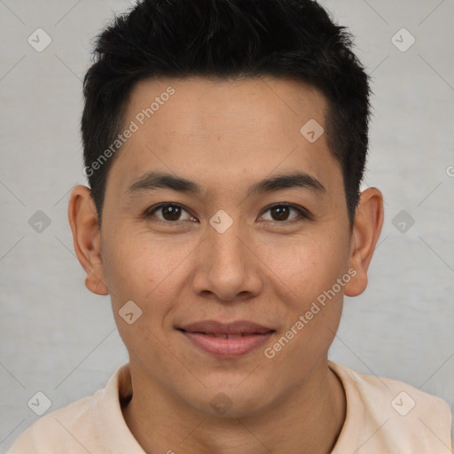 Joyful latino young-adult male with short  brown hair and brown eyes