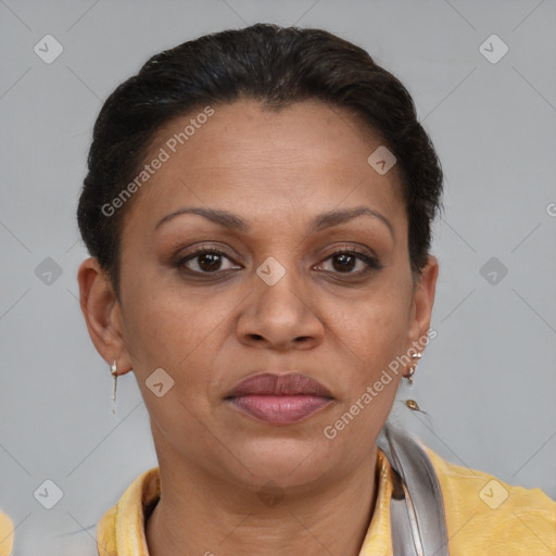 Joyful latino adult female with short  brown hair and brown eyes