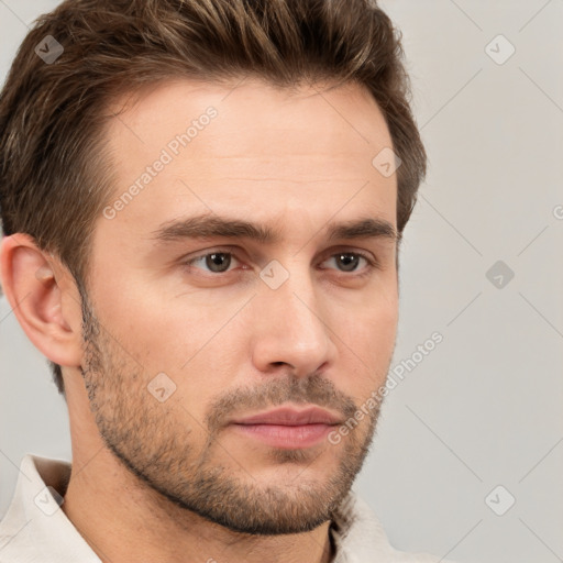 Neutral white young-adult male with short  brown hair and brown eyes