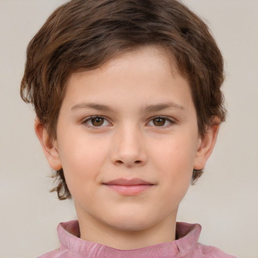 Joyful white child female with short  brown hair and brown eyes