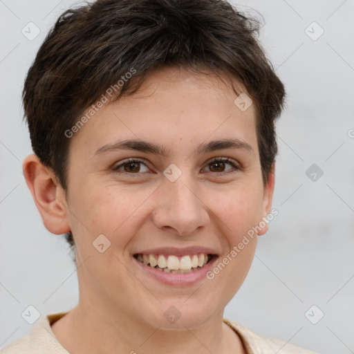 Joyful white young-adult female with short  brown hair and brown eyes