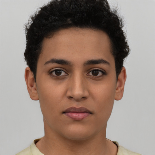 Neutral latino young-adult female with short  brown hair and brown eyes