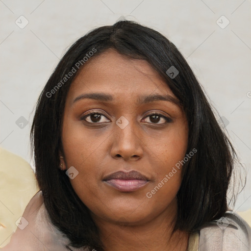 Neutral asian young-adult female with medium  brown hair and brown eyes