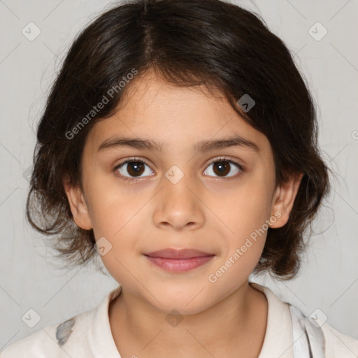 Joyful white child female with medium  brown hair and brown eyes