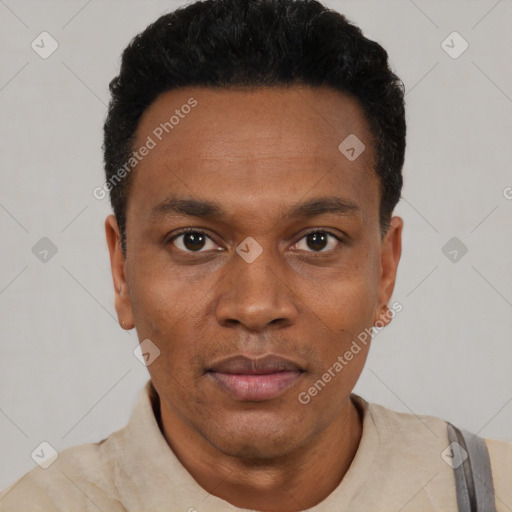 Neutral black young-adult male with short  black hair and brown eyes