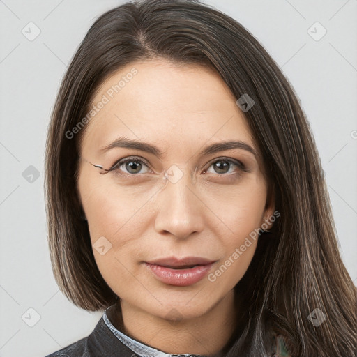 Joyful white young-adult female with long  brown hair and brown eyes