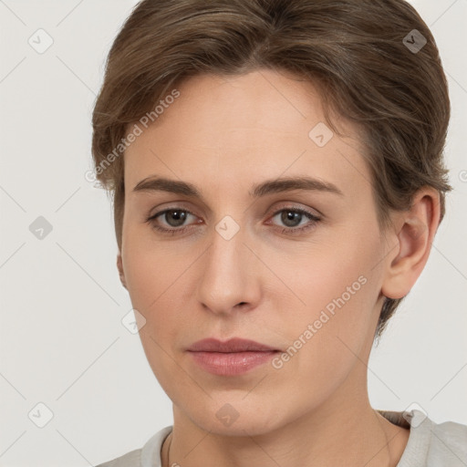 Neutral white young-adult female with short  brown hair and brown eyes