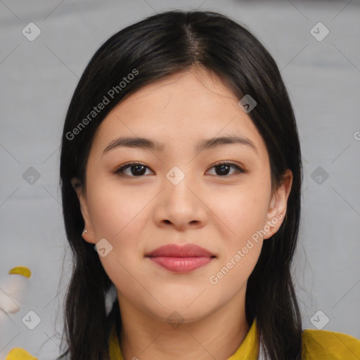 Joyful asian young-adult female with medium  black hair and brown eyes