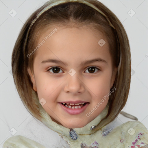 Joyful white child female with medium  brown hair and brown eyes