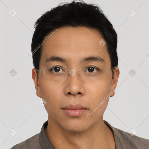 Neutral asian young-adult male with short  black hair and brown eyes