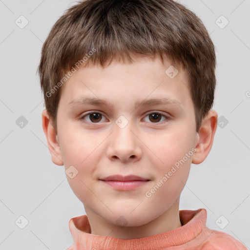 Joyful white child male with short  brown hair and brown eyes