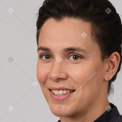 Joyful white adult female with short  brown hair and brown eyes