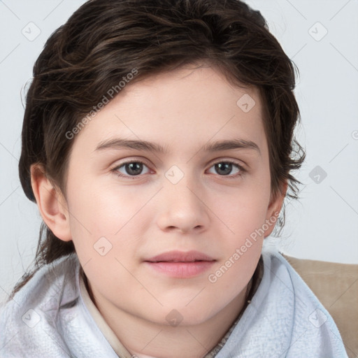 Joyful white child female with medium  brown hair and brown eyes