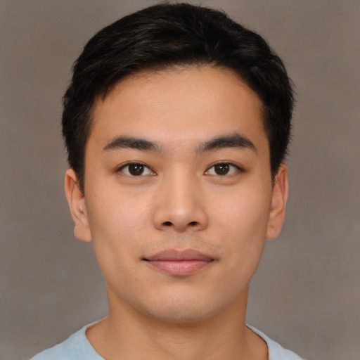 Neutral asian young-adult male with short  brown hair and brown eyes