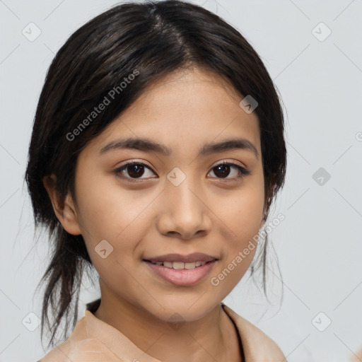 Joyful latino young-adult female with medium  brown hair and brown eyes