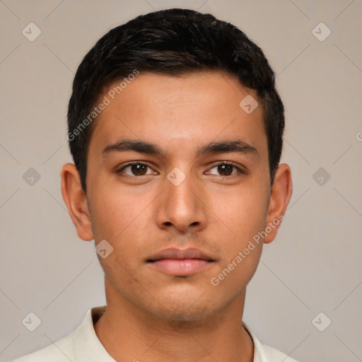 Neutral latino young-adult male with short  brown hair and brown eyes