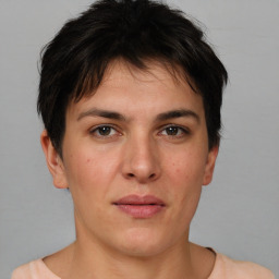 Neutral white young-adult female with short  brown hair and brown eyes